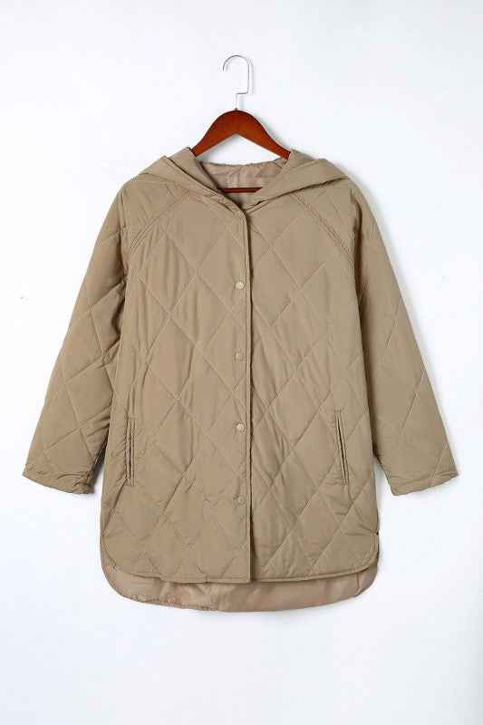 Solid Quilted Snap Button Hooded Puffer Coat