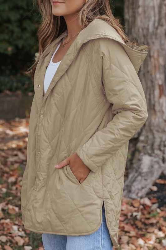 Solid Quilted Snap Button Hooded Puffer Coat