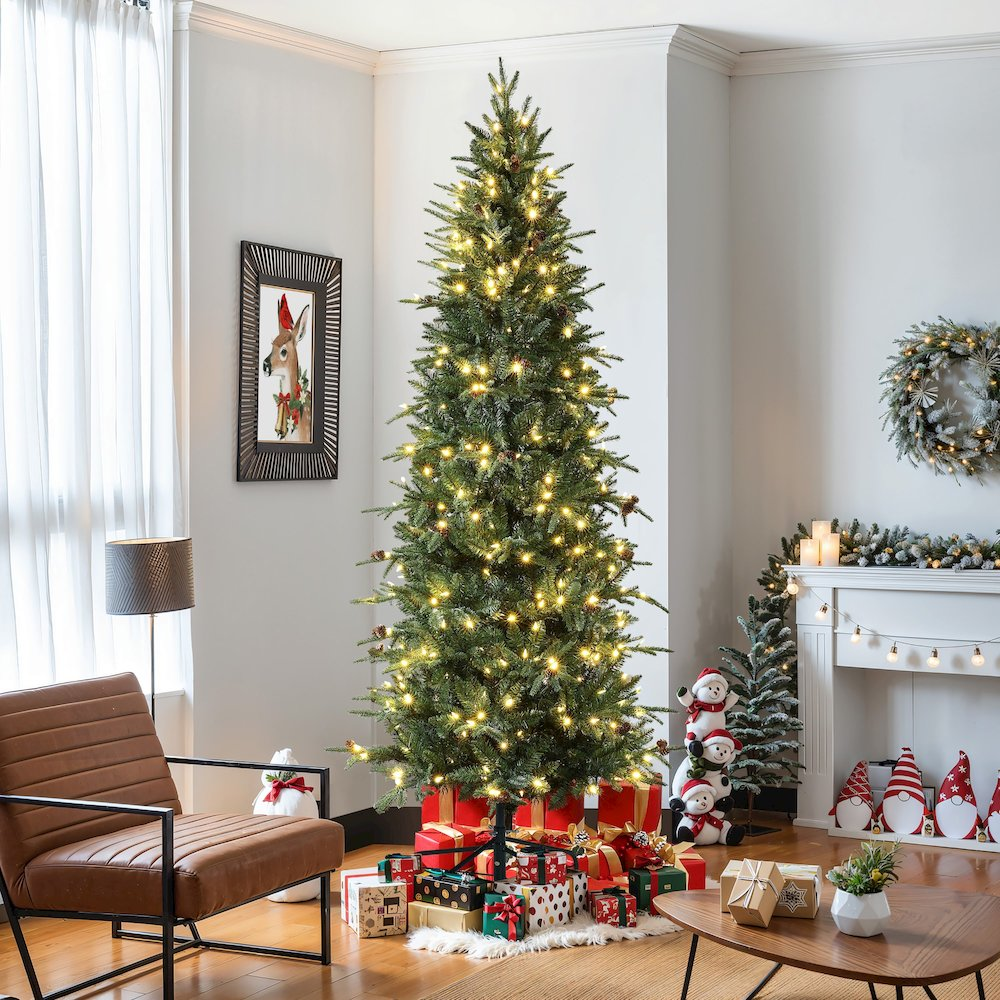 LuxenHome 7.5Ft Pre-Lit Green Slender Artificial Christmas Tree with Pine Cones - Mercantile Mountain