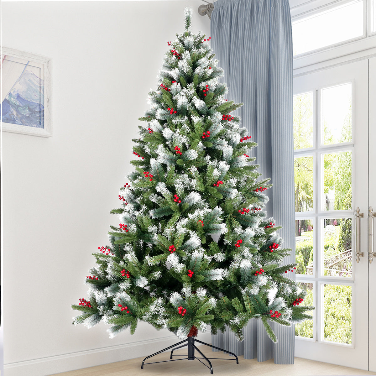 Artificial Christmas Tree Flocked Pine Needle Tree with Cones Red Berries 7.5 ft Foldable Stand - Mercantile Mountain