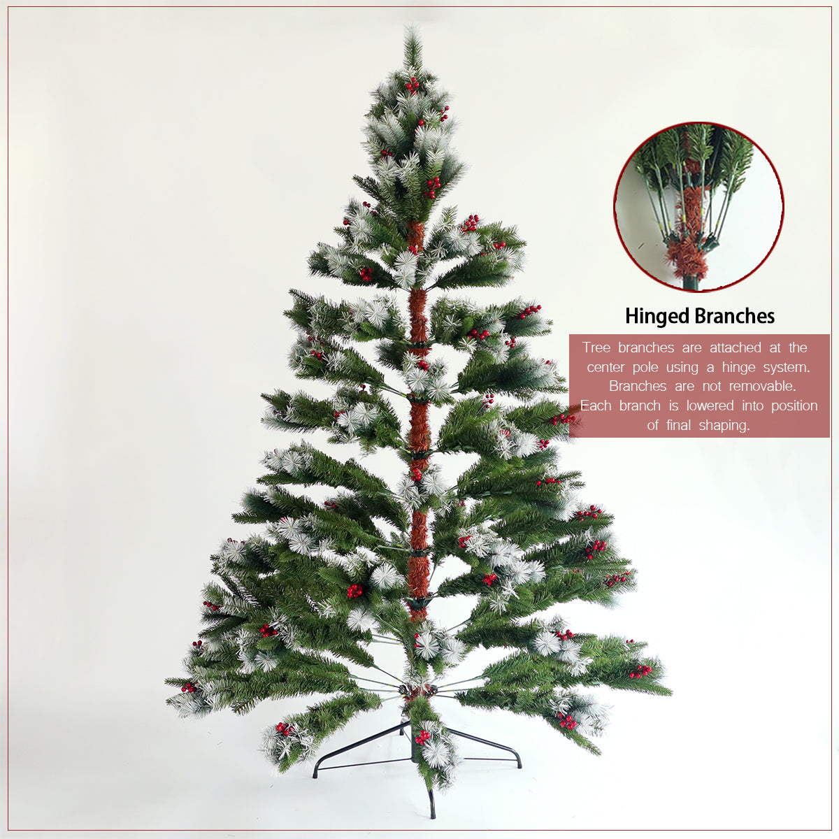 Artificial Christmas Tree Flocked Pine Needle Tree with Cones Red Berries 7.5 ft Foldable Stand - Mercantile Mountain