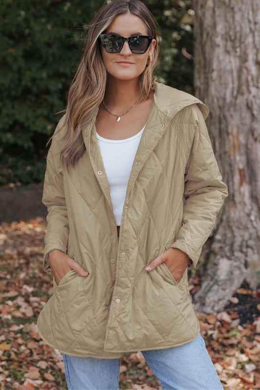 Solid Quilted Snap Button Hooded Puffer Coat