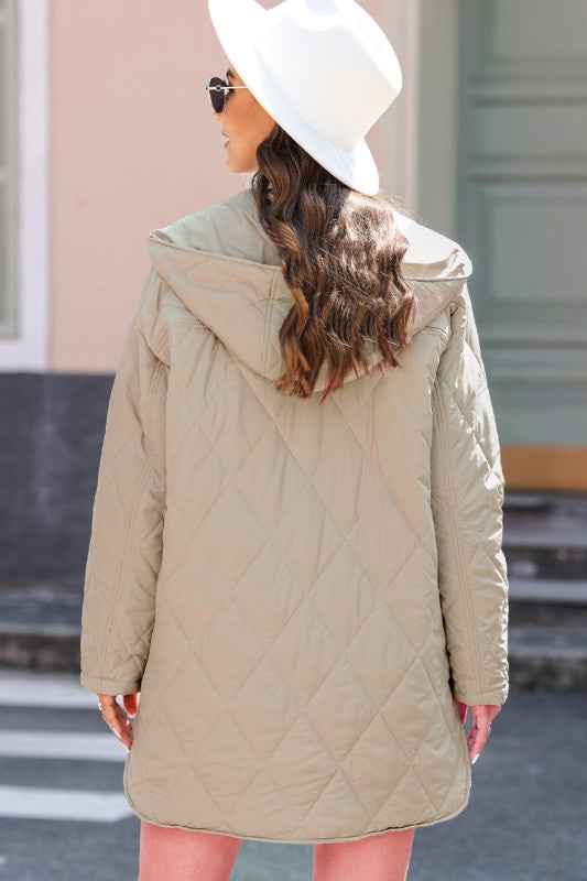 Solid Quilted Snap Button Hooded Puffer Coat