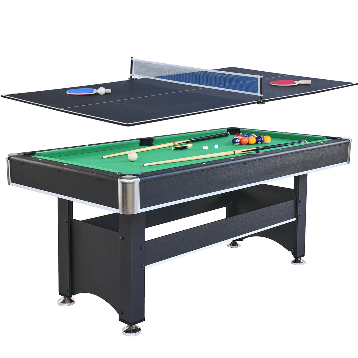 6-ft Pool Table with Table Tennis Top - Black with Green Felt - Mercantile Mountain