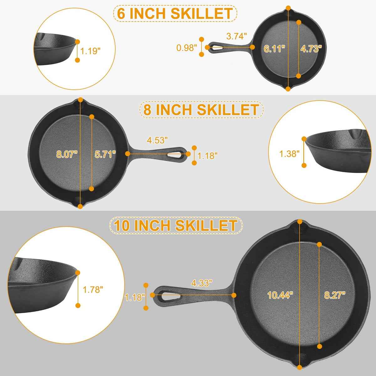 3Pcs Pre-Seasoned Cast Iron Skillet Set 6/8/10in Non-Stick Oven Safe Cookware Heat-Resistant Frying Pan - Mercantile Mountain