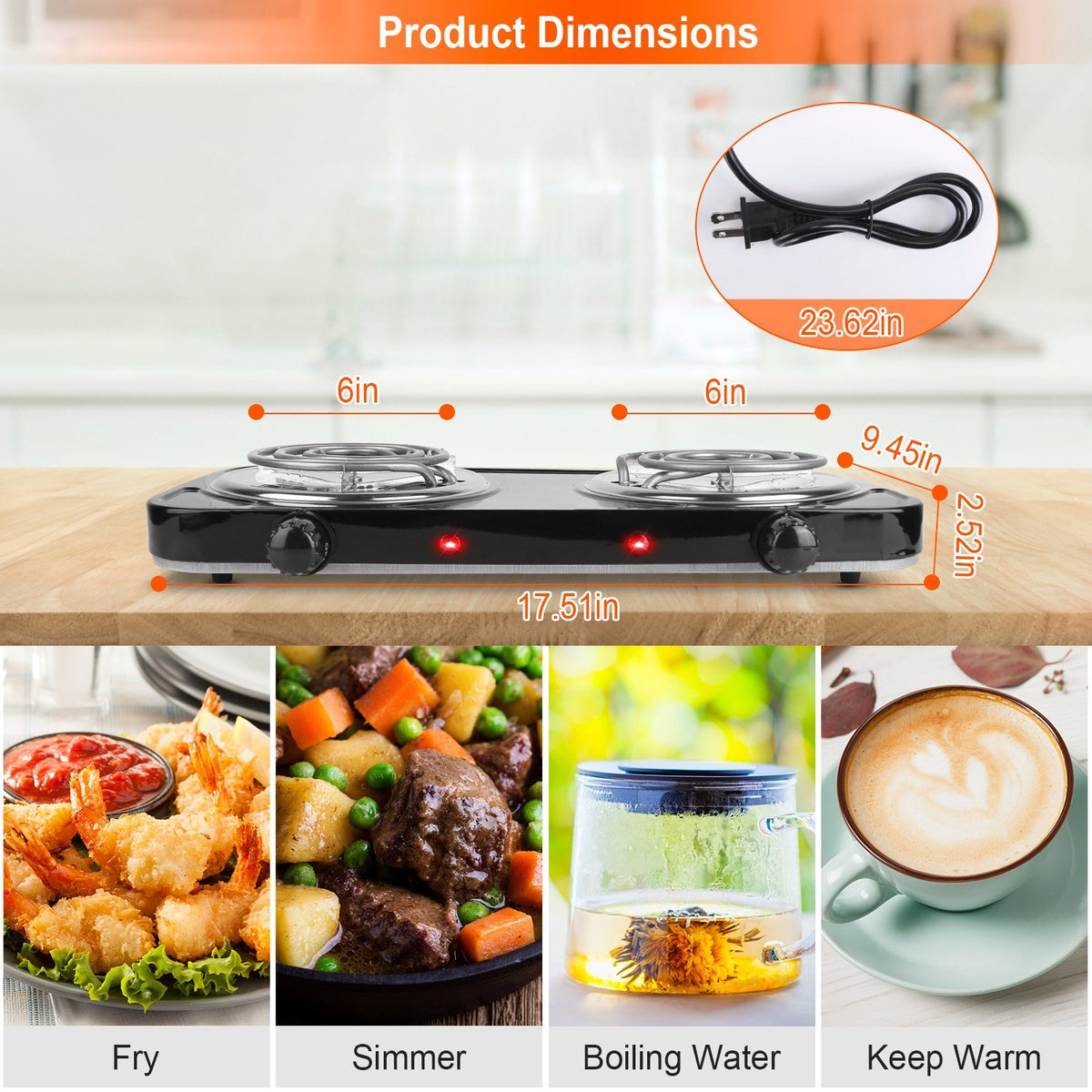 2000W Electric Double Burner Portable Coil Heating Hot Plate Stove Countertop RV Hotplate with Non Slip Rubber Feet 5 Temperature Adjustments - Mercantile Mountain