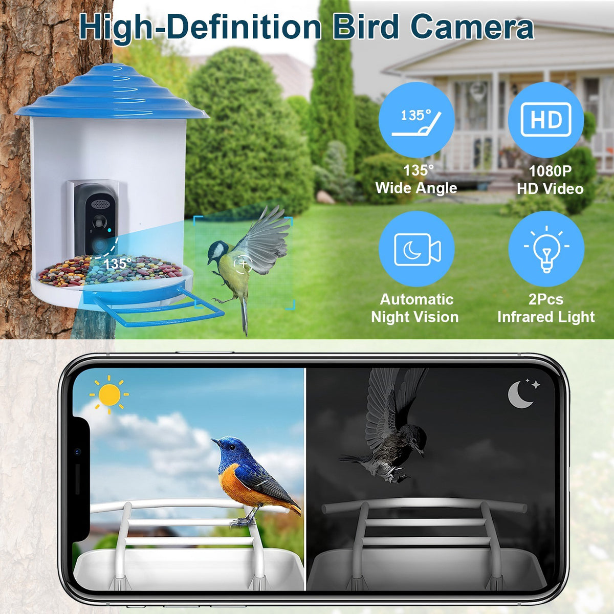 Smart Bird Feeder with Solar Powered Camera 1080P HD AI Identify PIR Motion Auto Capture Video Cloud Card Storage WiFi Connection App Control IP65 Waterproof - Mercantile Mountain
