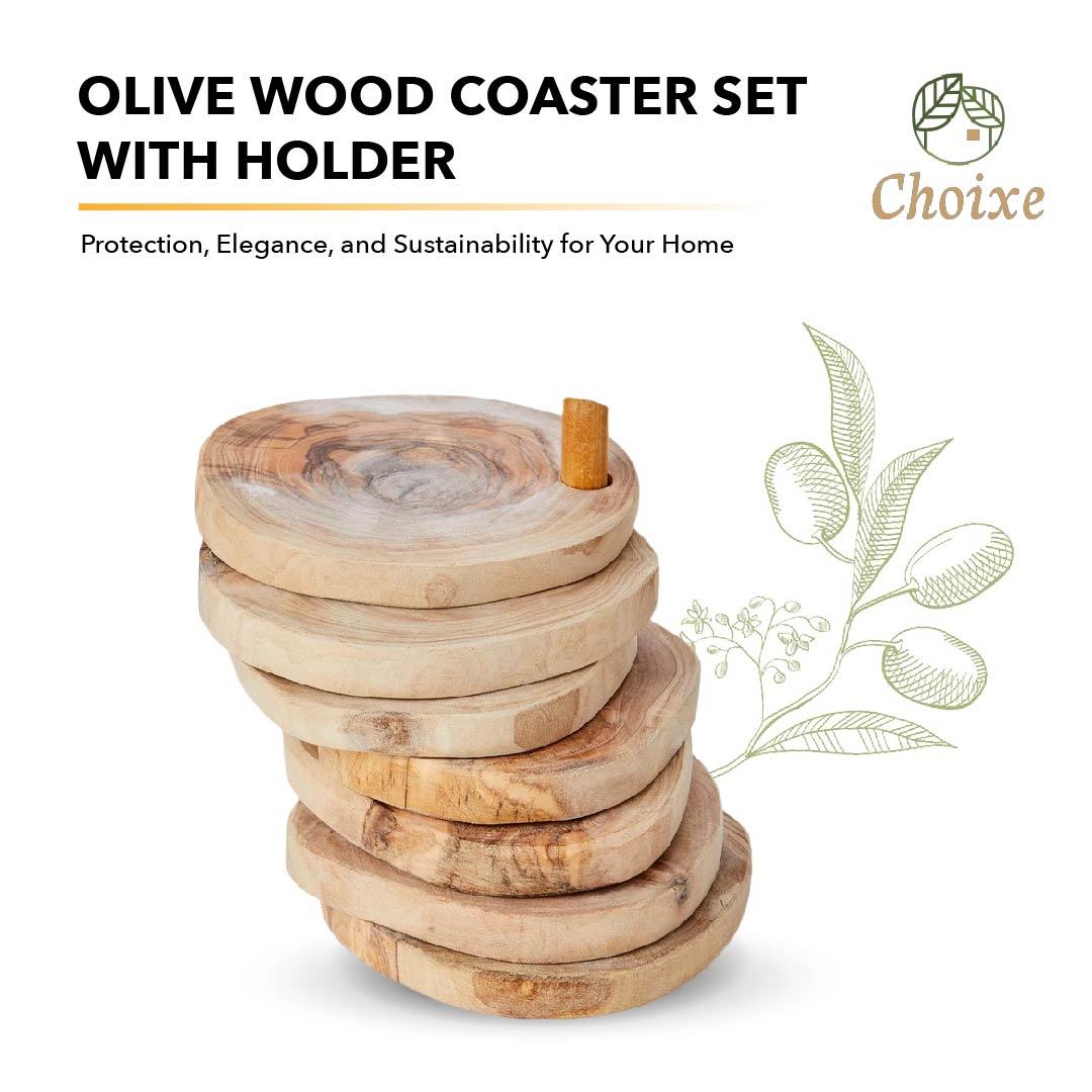 Olive Wood Coaster Set with Holder -7 Pcs - Mercantile Mountain