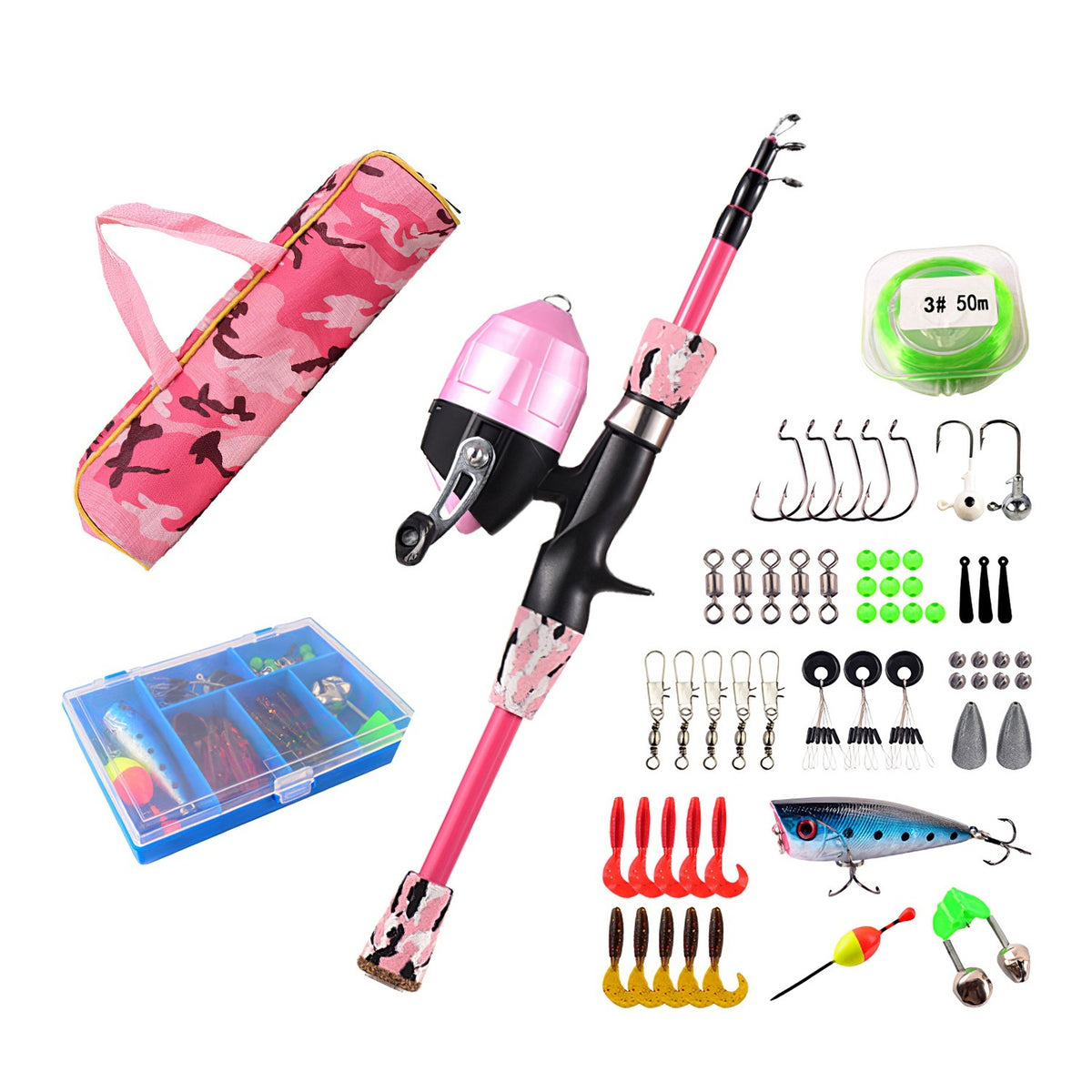 Kids Fishing Pole Set Fishing Starter Kit Telescopic Fishing Rod and Reel Combo Kit with Tackle Box 56Pcs Fishing Lures for Boys Girls - Mercantile Mountain