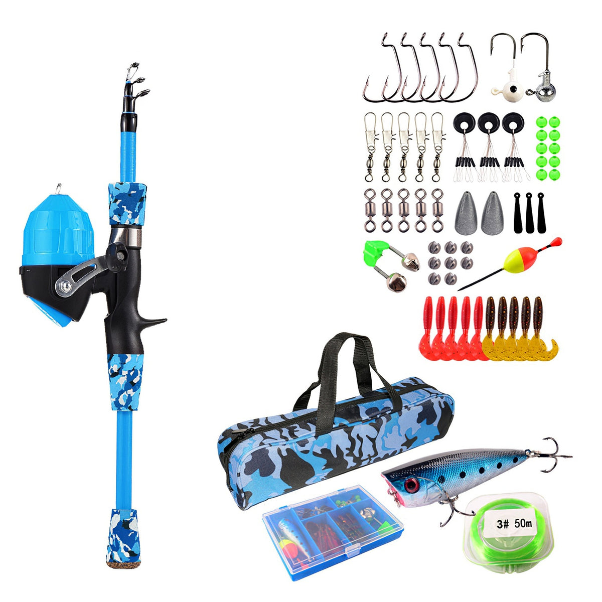 Kids Fishing Pole Set Fishing Starter Kit Telescopic Fishing Rod and Reel Combo Kit with Tackle Box 56Pcs Fishing Lures for Boys Girls - Mercantile Mountain