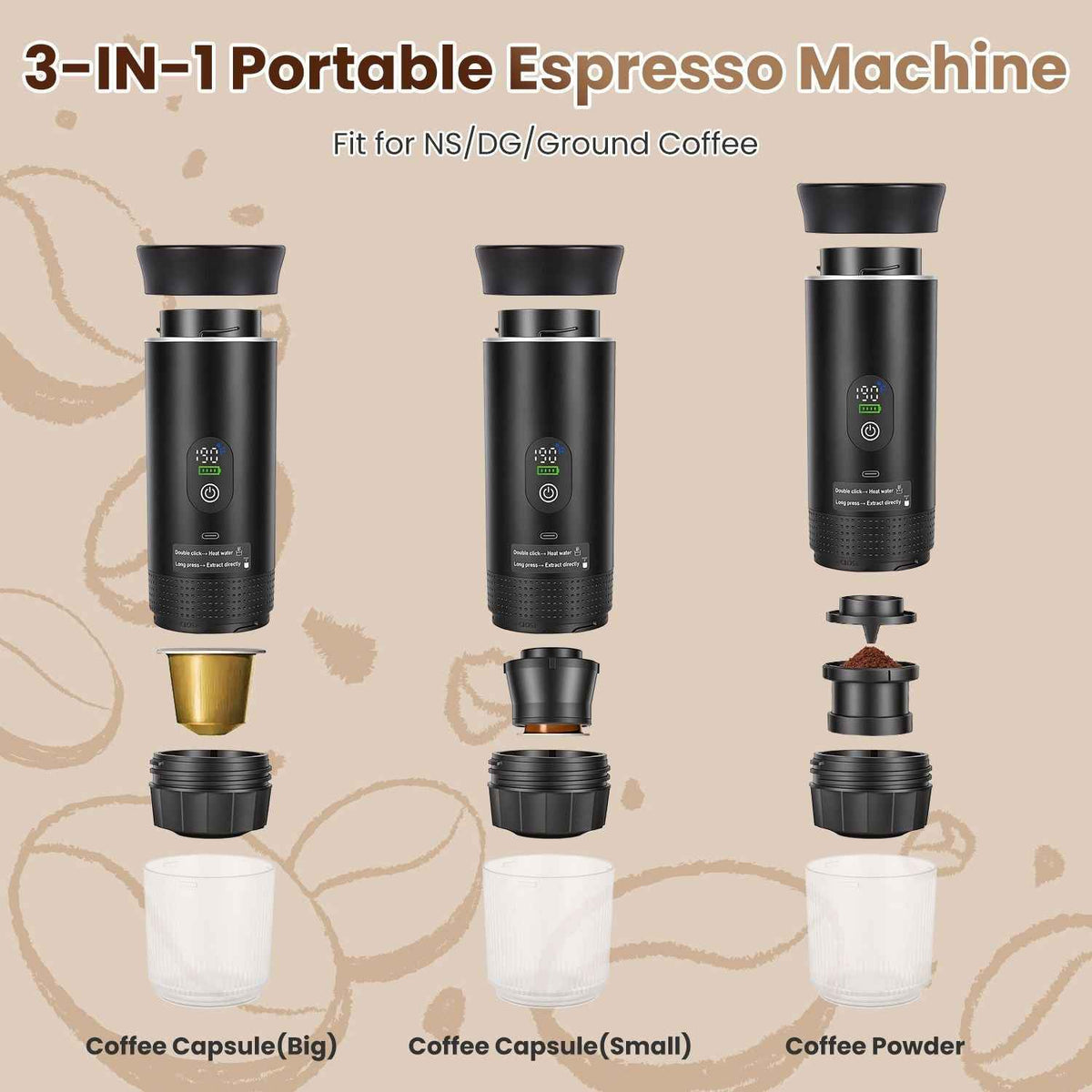 3-in-1 Portable Espresso Maker – Self-Heating Cordless Coffee Machine with Battery