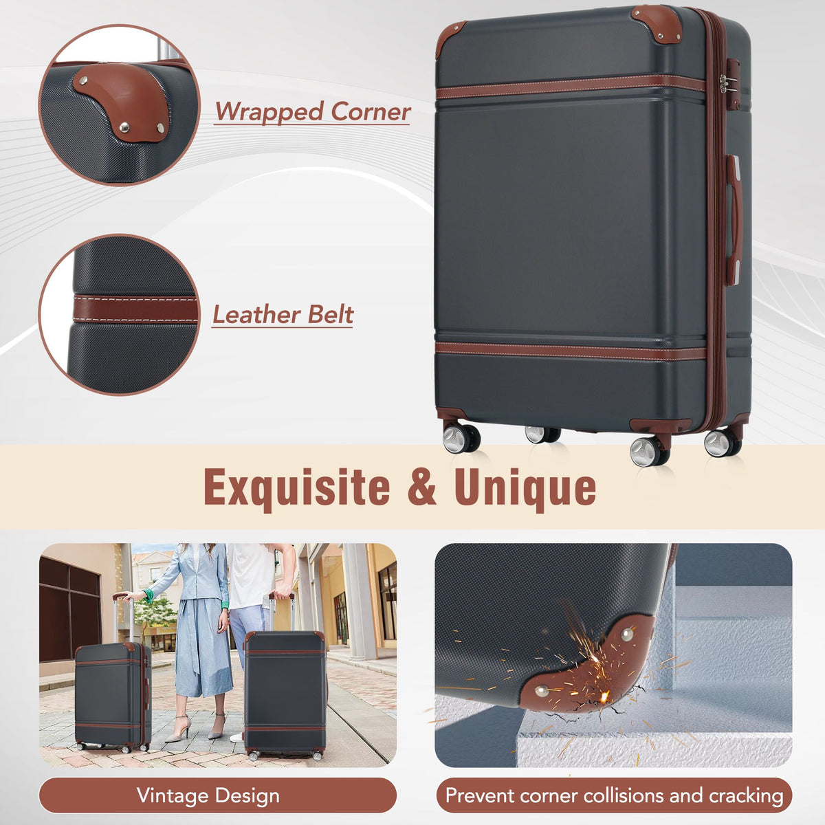 Hardshell Luggage Sets 3 Pieces 20"+24" Luggages and Cosmetic Case Spinner Suitcase with TSA Lock Lightweight,Black - Mercantile Mountain