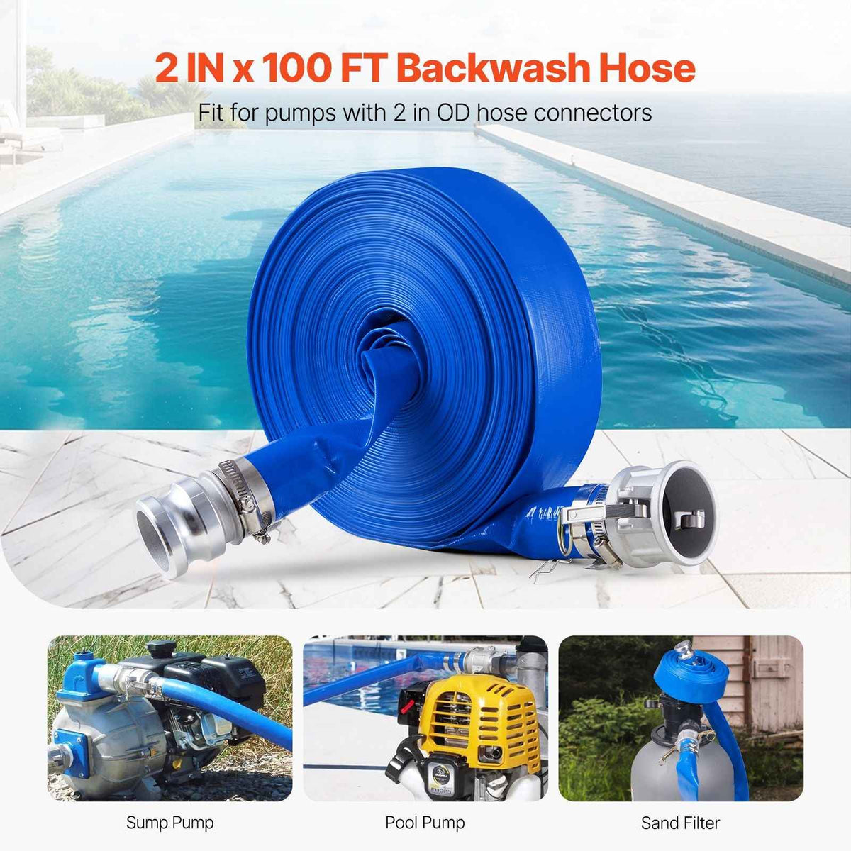 Backwash Hose, 2 in x 100 ft, Blue High Quality PVC Hose, with Clamps, Camlock, Aluminum Fittings, Fit Various Pumps, for Sewage Treatment, Water Transportation and More Agricultural Purposes