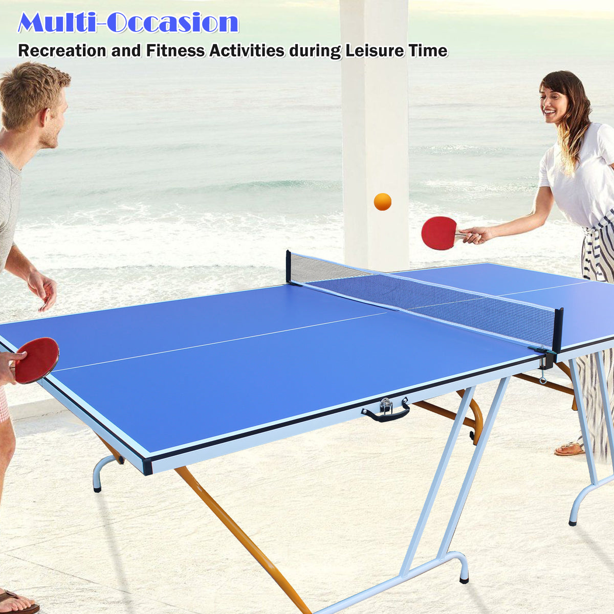 9ft Mid-Size Table Tennis Table Foldable & Portable Ping Pong Table Set for Indoor Games with Net, 2 Table Tennis Paddles and 3 Balls - Mercantile Mountain