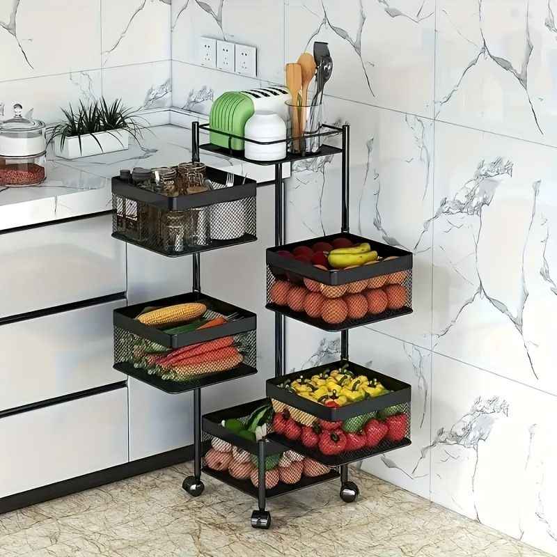 5-Tier Rotating Storage Cart – Rolling Metal Kitchen Organizer with Wheels