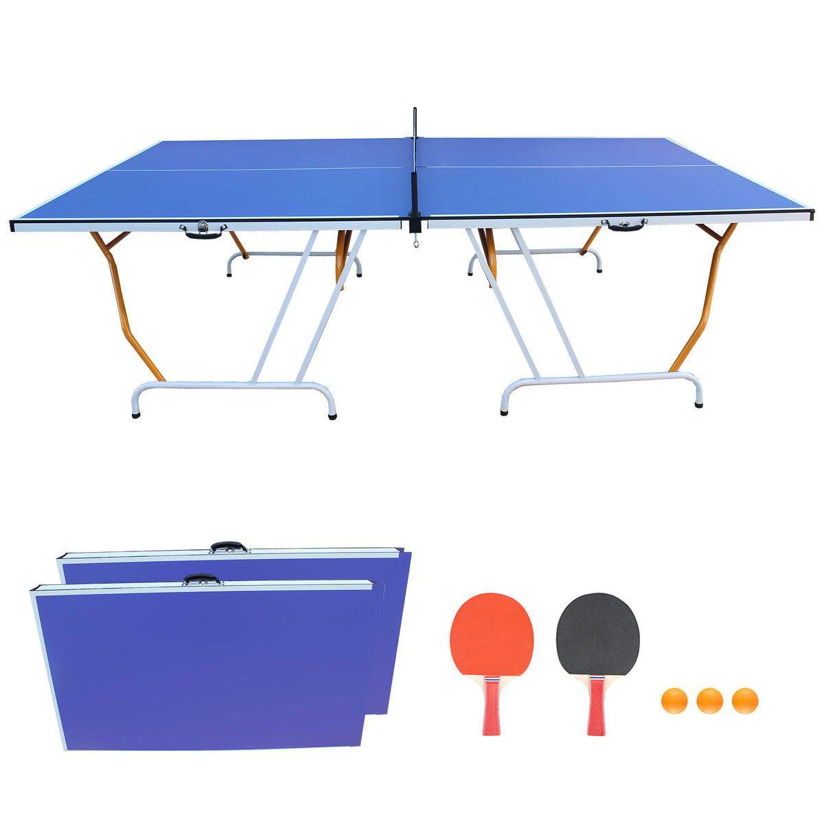 9ft Mid-Size Table Tennis Table Foldable & Portable Ping Pong Table Set for Indoor Games with Net, 2 Table Tennis Paddles and 3 Balls - Mercantile Mountain