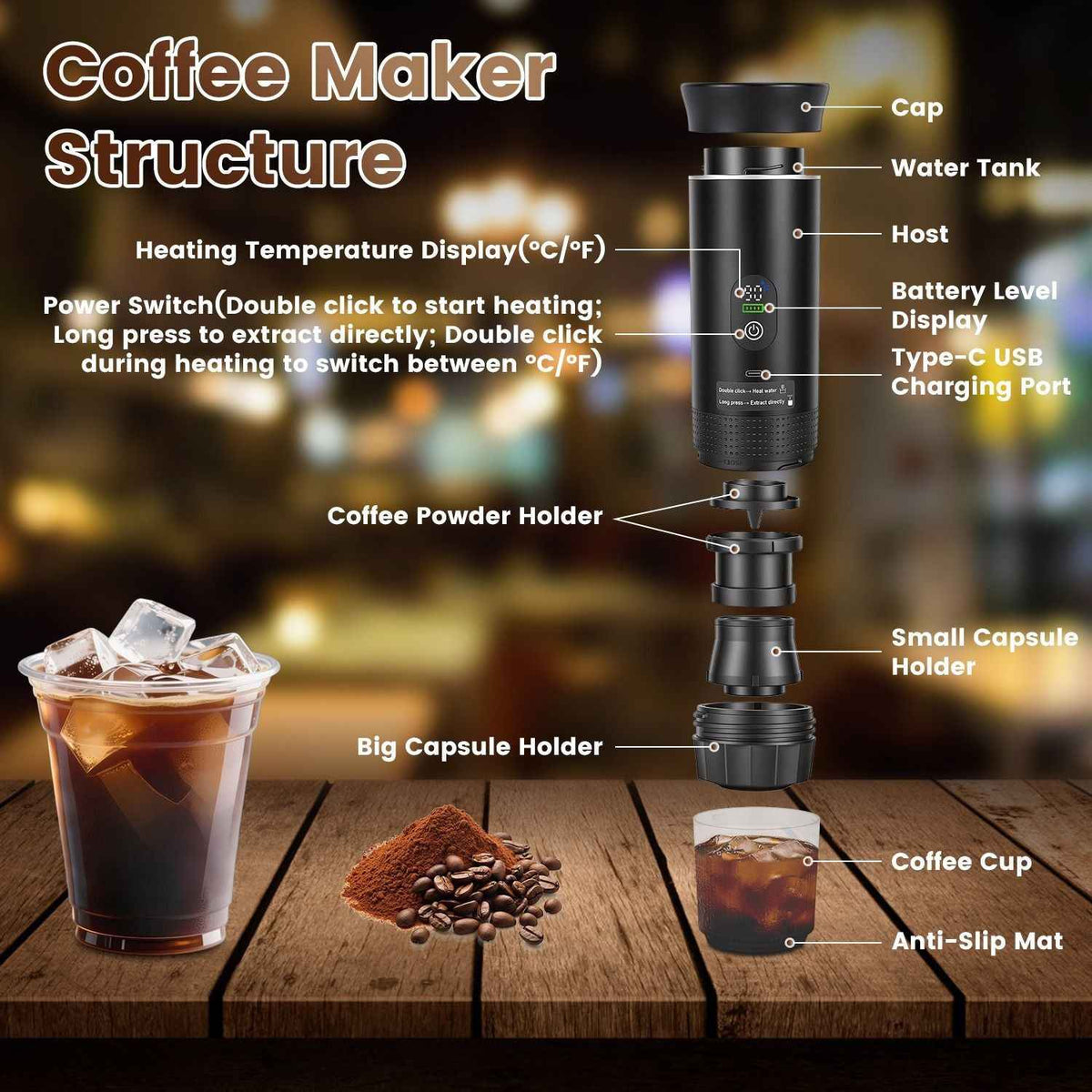 3-in-1 Portable Espresso Maker – Self-Heating Cordless Coffee Machine with Battery