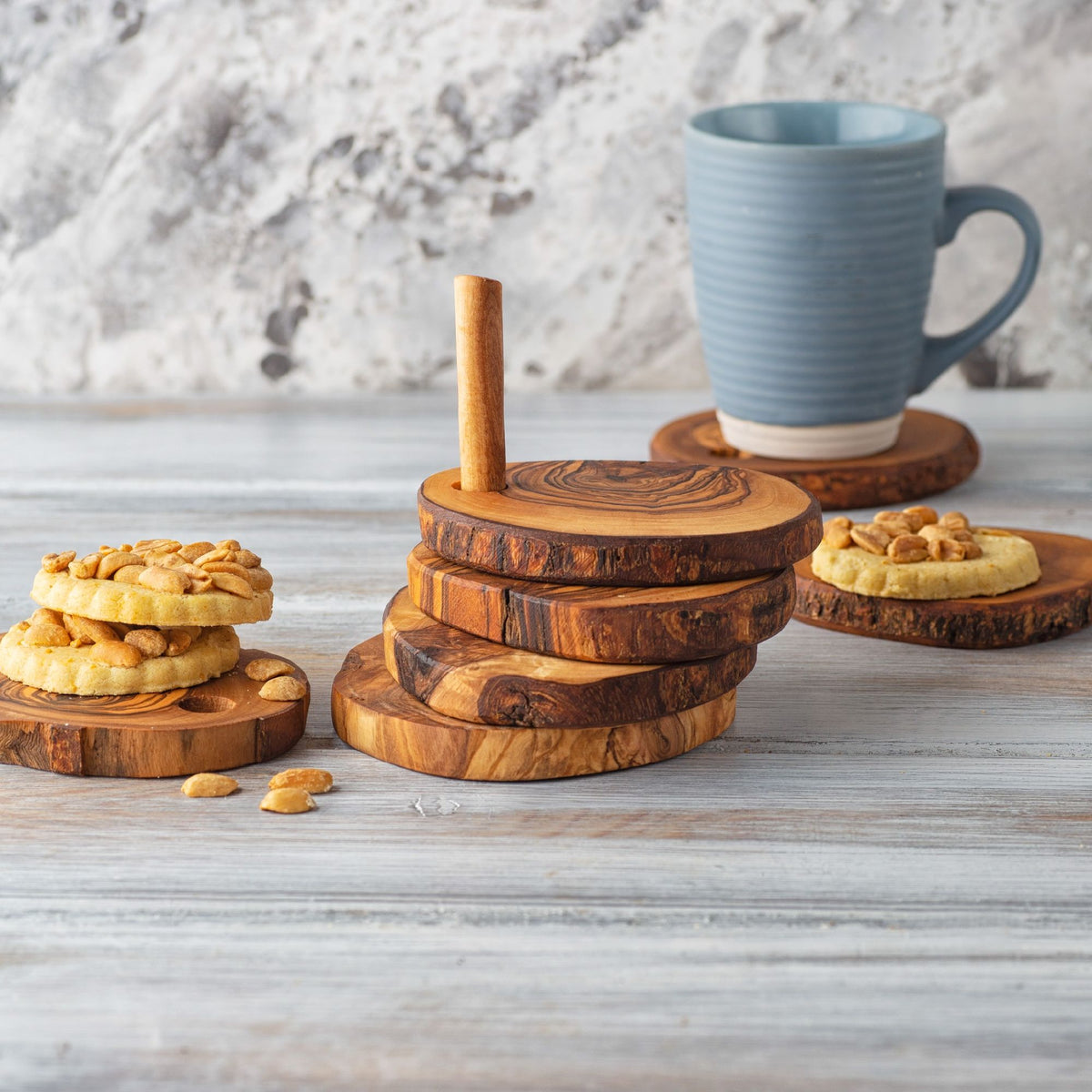 Olive Wood Coaster Set with Holder -7 Pcs - Mercantile Mountain