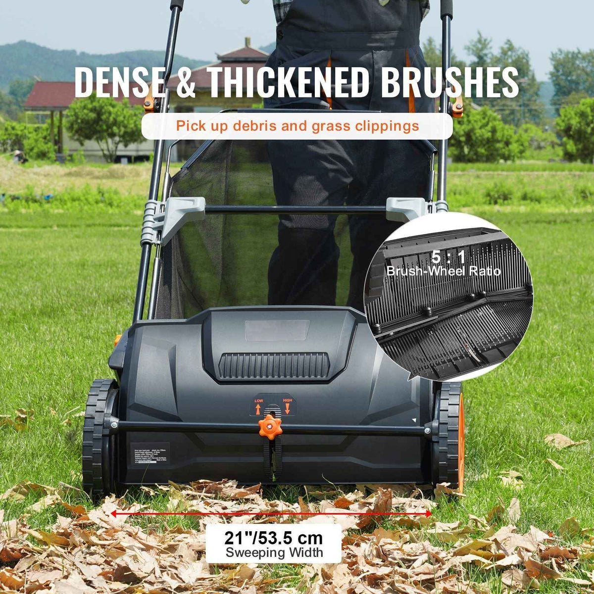 Push Lawn Sweeper, 21inch Leaf & Grass Collector, Strong Plastic Wheels & Heavy Duty Thickened Steel Durable to Use with Large Capacity 3.5 cu. ft. Mesh Collection Hopper Bag, 2 Spinning Brushes