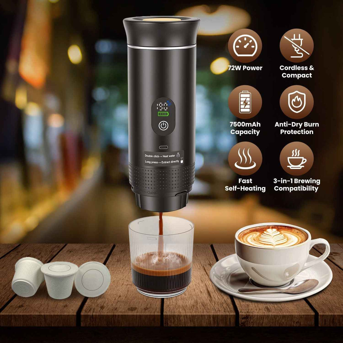 3-in-1 Portable Espresso Maker – Self-Heating Cordless Coffee Machine with Battery