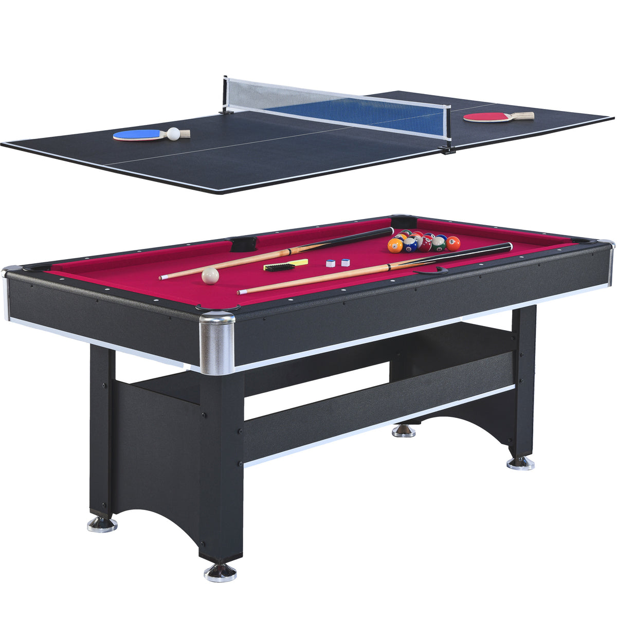 6-ft Pool Table with Table Tennis Top - Black with Red Felt - Mercantile Mountain