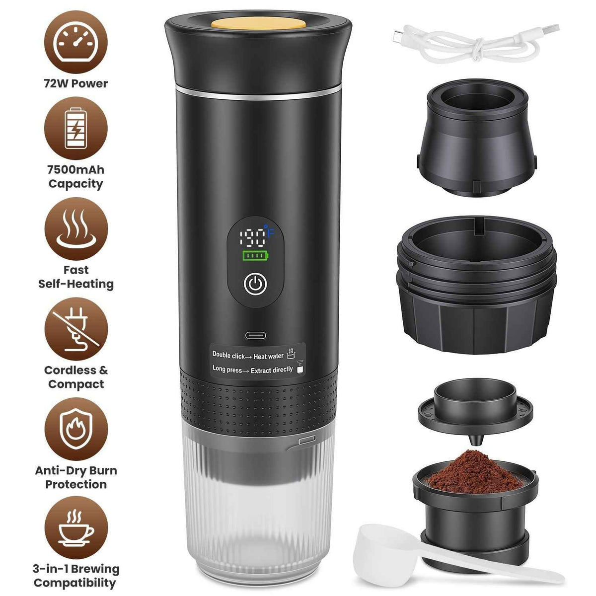 3-in-1 Portable Espresso Maker – Self-Heating Cordless Coffee Machine with Battery