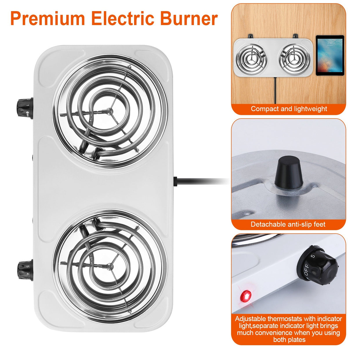 2000W Electric Double Burner Portable Coil Heating Hot Plate Stove Countertop RV Hotplate with Non Slip Rubber Feet 5 Temperature Adjustments - Mercantile Mountain