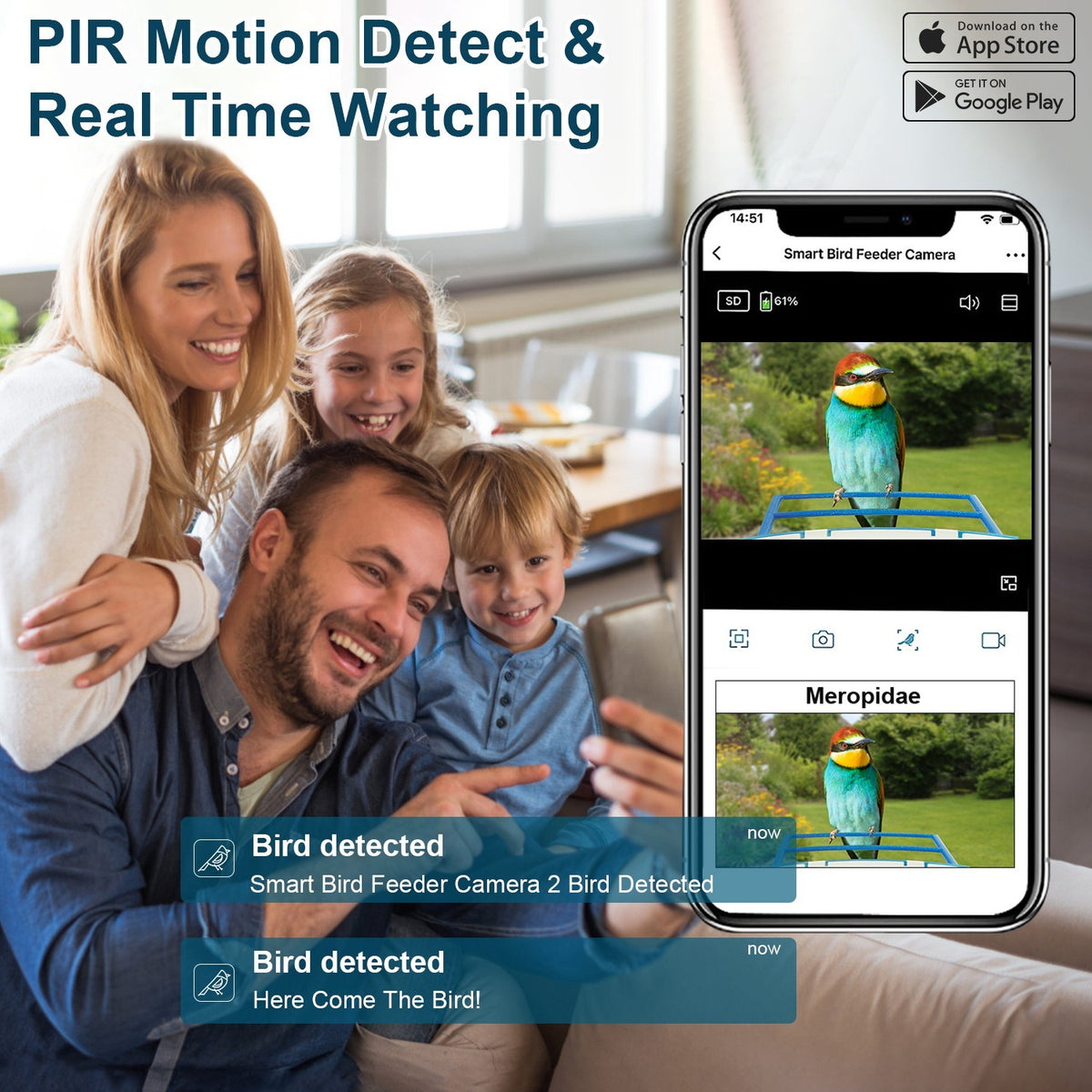 Smart Bird Feeder with Solar Powered Camera 1080P HD AI Identify PIR Motion Auto Capture Video Cloud Card Storage WiFi Connection App Control IP65 Waterproof - Mercantile Mountain