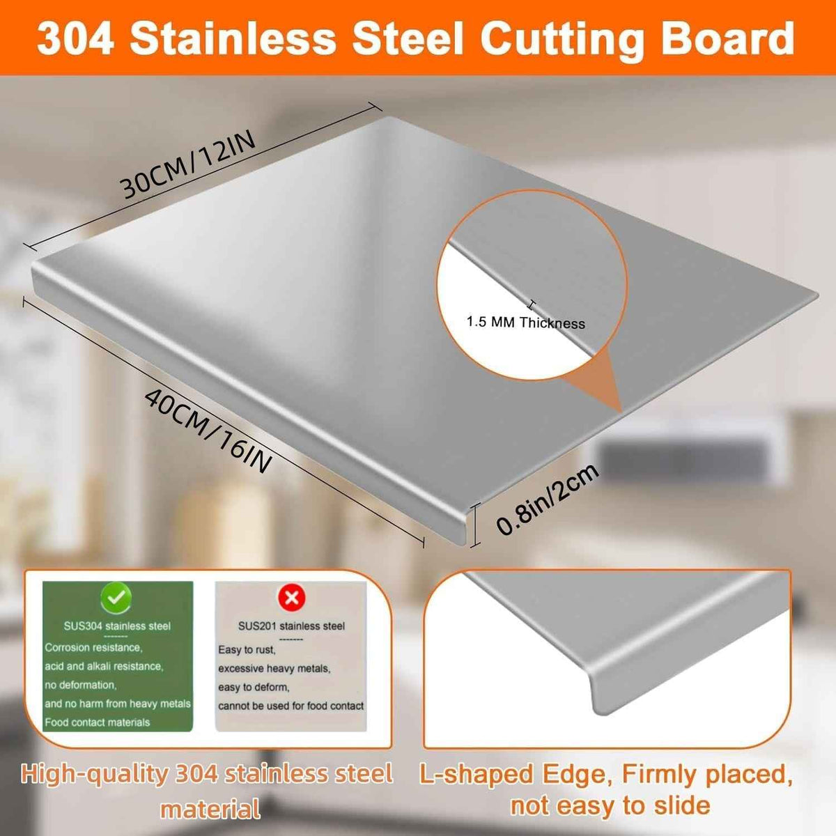 XXL 304 Stainless Steel Cutting Board  Anti-Slip & Mildew-Proof! No More Moldy Wooden Boards | Heavy-Duty & Food-Safe, Easy to Clean – Chop Meat, Knead Dough, Bake Prep All-in-One | Must-Have for Hom