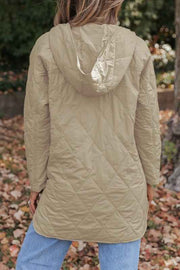 Solid Quilted Snap Button Hooded Puffer Coat