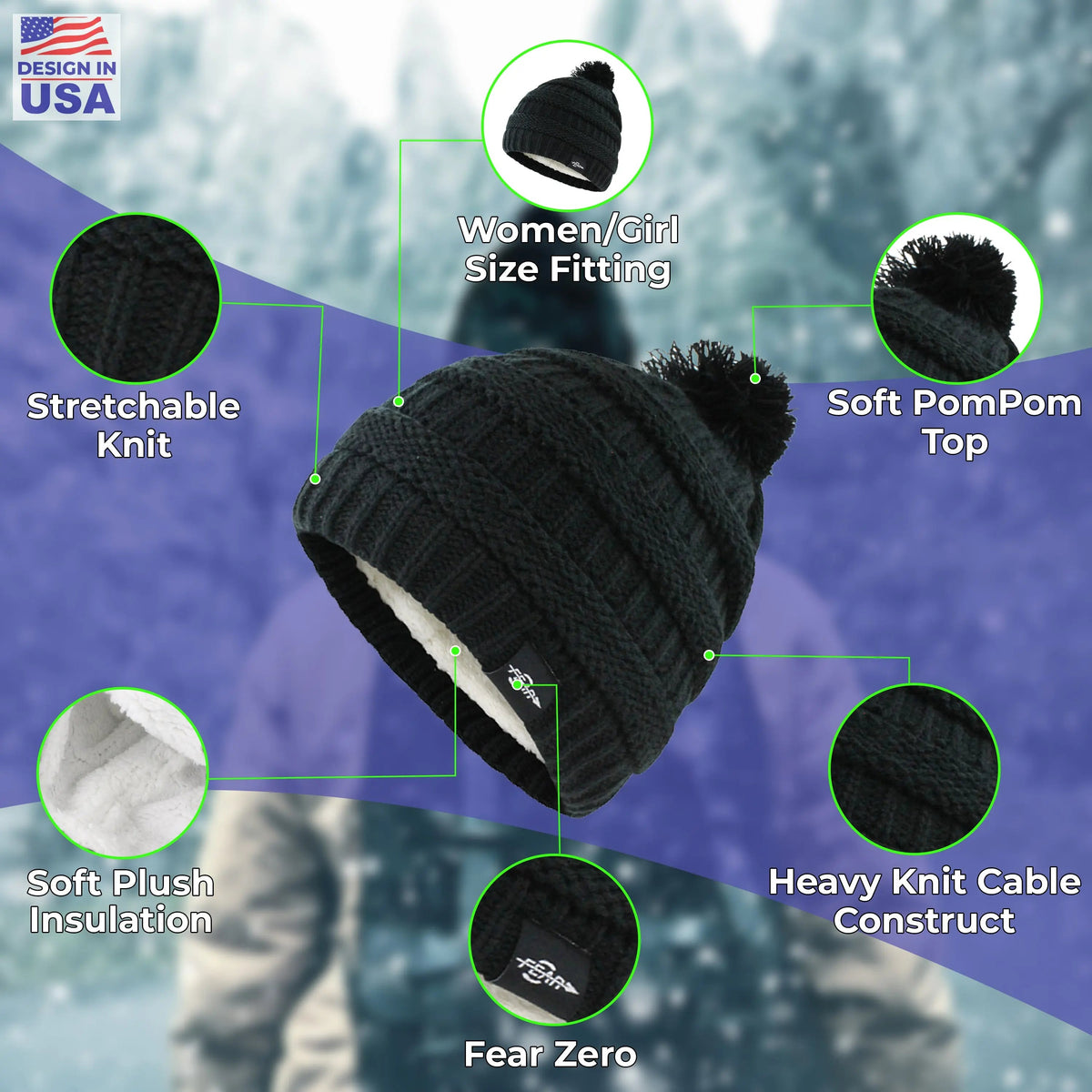 Fear0 NJ Warmest Plush Insulated Cuff Knit Pom Women Winter Beanie Hat - Mercantile Mountain